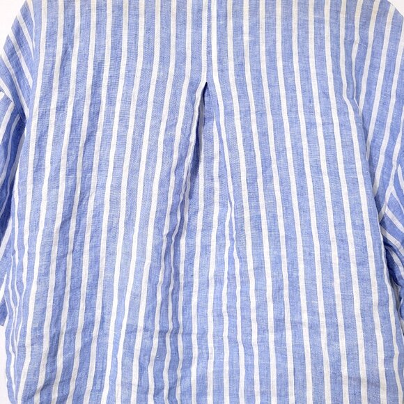 H&M Womens 100% Linen Button Down Top Size L Short Sleeve Blue Striped Coastal - Picture 6 of 11